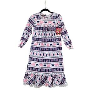 PJ's & Presents Nightgown Girls 10/12 Pink Navy New Holiday Polar Bear Fair Isle